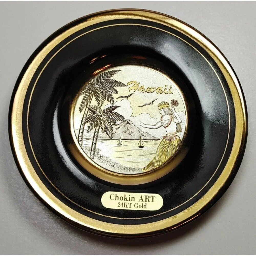 Chokin Hawaii Art Etched 24 KT Black Gold Rim Art And Deco Ornamental Plate VTG